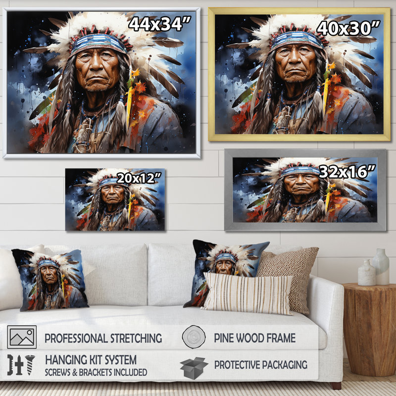 Native Apache Warrior I - Art amérindien, art mural, H 24 po x l 32 po x P 1 po, Cadre doré simple