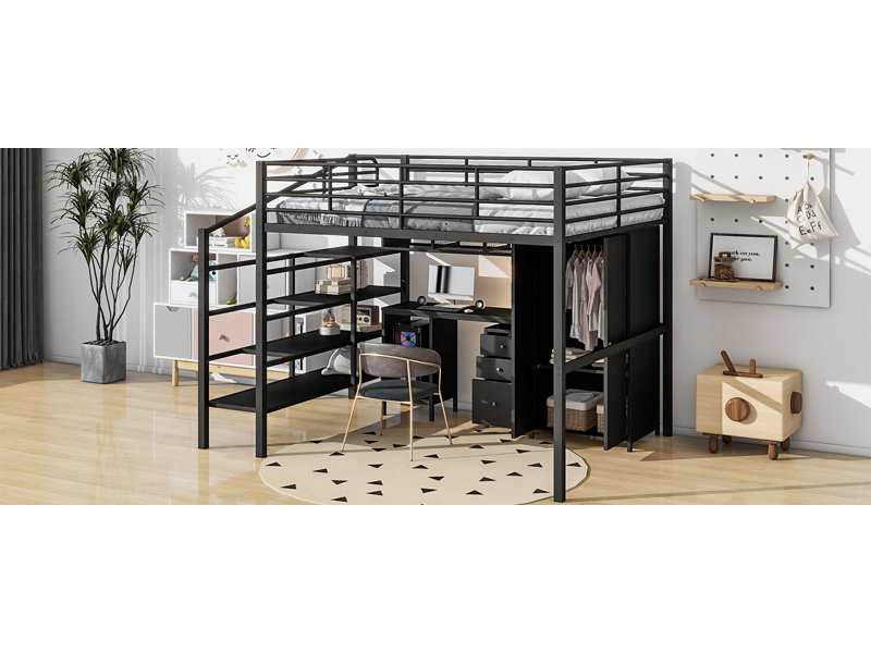Lit mezzanine en métal avec ensemble de table et garde-robe, lit double, noir