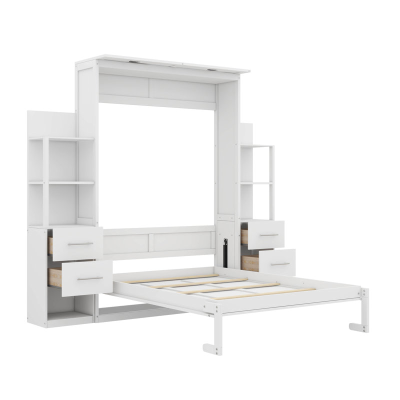 Lit escamotable avec tiroirs avec tablettes et éclairage à DEL intégré conçu pour le confort mural, Double, Blanc