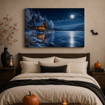 Cabane enneigée sur un lac gelé sous la pleine lune - Toile murale d'Halloween