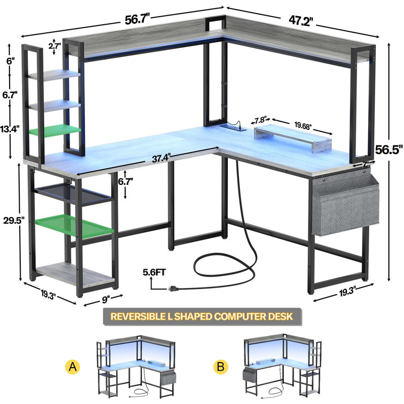 Bureau en L Bianco avec huche et prise de courant, bureau d'ordinateur de coin de jeu avec lumières DEL, Chêne blanc / noir