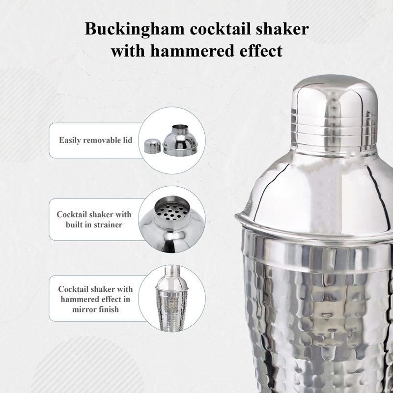 Buckingham Cocktail Shaker Stainless Steel Hammered Effect, 21cm H x 8.5cm W x 8.5cm D