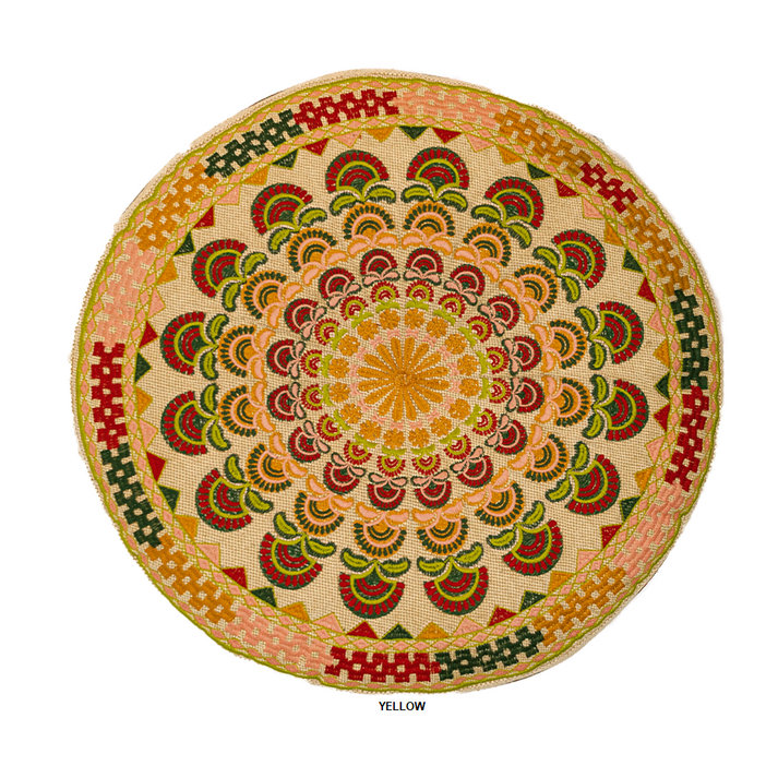 Coussin brodé rond en coton, H 20 po x l 20 po, Jaune / abstrait