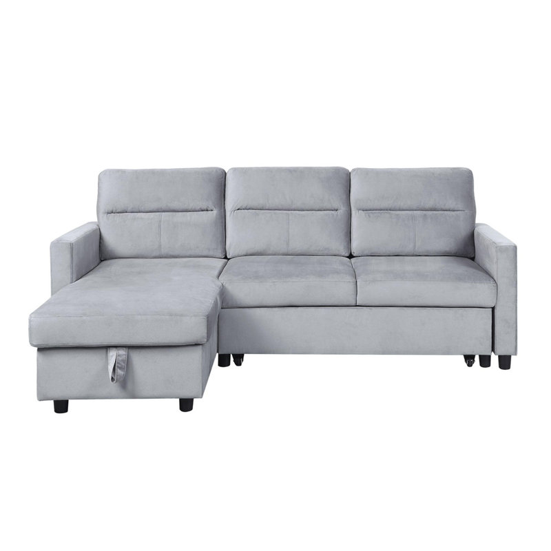 Canapé-lit modulaire en velours réversible avec méridienne de rangement et poche latérale, Gris clair