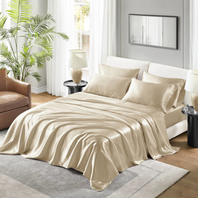Twin Satin Sheet - Wrinkle , Fits Up To 16" Mattress, 1 Flat Sheet, Fitted 4 Pillowcases, Silky And Quality Package Wrinkle-, Lightweight