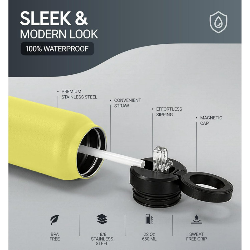 Bouteille isotherme en acier inoxydable de qualité supérieure de 24 oz liq. Avec paille et poignée SIPPA - Hydratation mains-libres à l'épreuve des fuites - Jaune