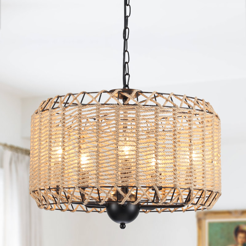 5 - Light 20 inch Bohemian Drum Chandelier with Hemp Rope Natural Hand-Woven Shade