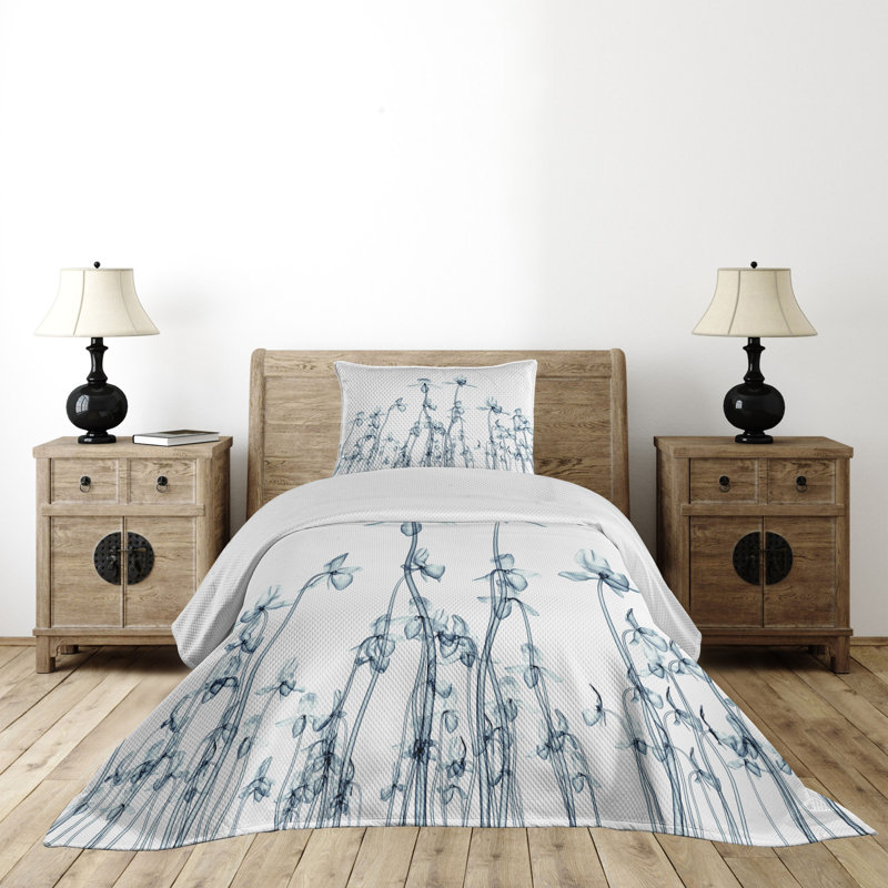 Twin White Quilted Bedspread Set with Floral Design