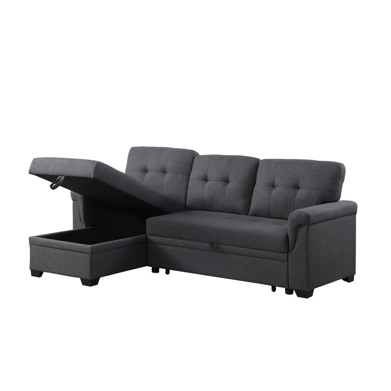 Linen Reversible Sleeper Sectional Sofa With Storage Chaise, Gray Linen, Black, Remove Reversible