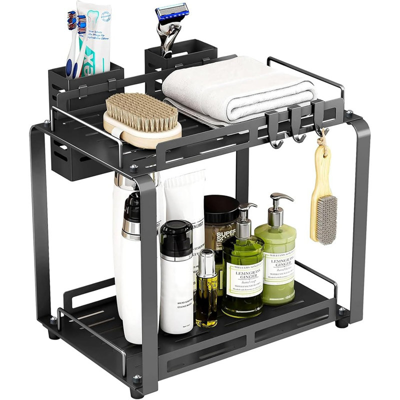 Grand comptoir de rangement de salle de bain, tablettes de rangement à 2 niveaux avec porte-brosses à dents, support de rangement de comptoir de salle de bain avec panier et crochets en métal noir