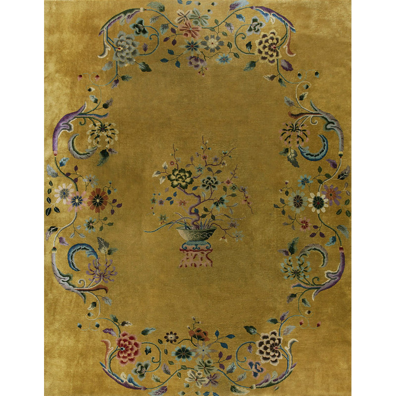 Yellow Gold Color Antique Floral Vase Medallion Design Chinese Deco Carpet