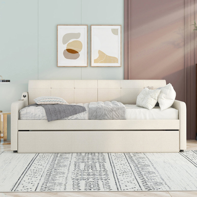 Twin Size Upholstery Daybed With Trundle And USB Charging Design,Trundle Can Be Flat Or Erected, Gray
