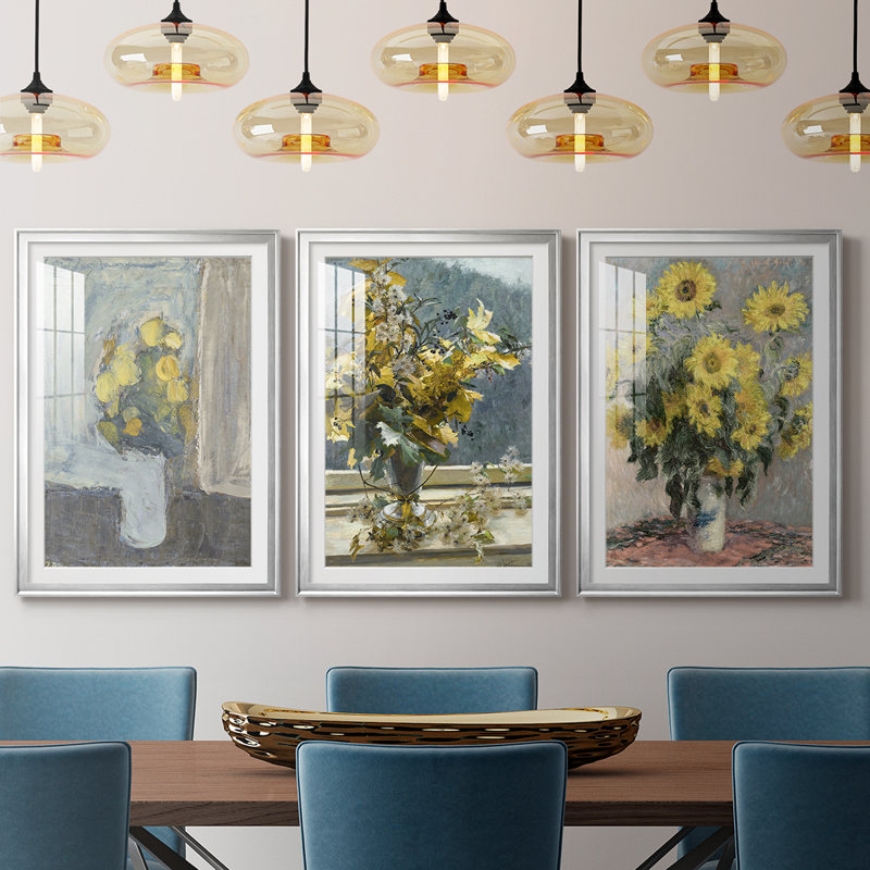 Imprimé floral rétro CCXLI - impression encadrée sur mesure de qualité supérieure - 3 pièces, Argent argent