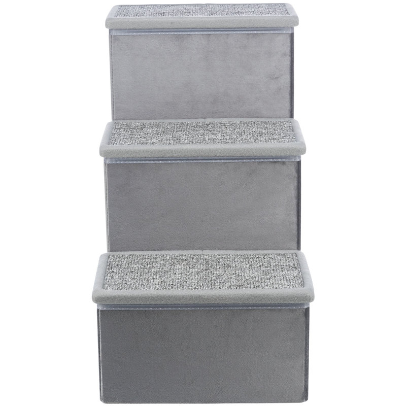 Gray Velour 3-Step Pet Stairs with Storage Compartments