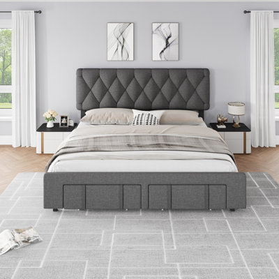 Structure de lit plateforme moderne avec très grand lit tapissier avec tiroirs de rangement, lattes en bois massif et robustes, aucun sommier nécessaire, meubles de chambre à coucher pour chambre d'amis et appartement, gris intégral