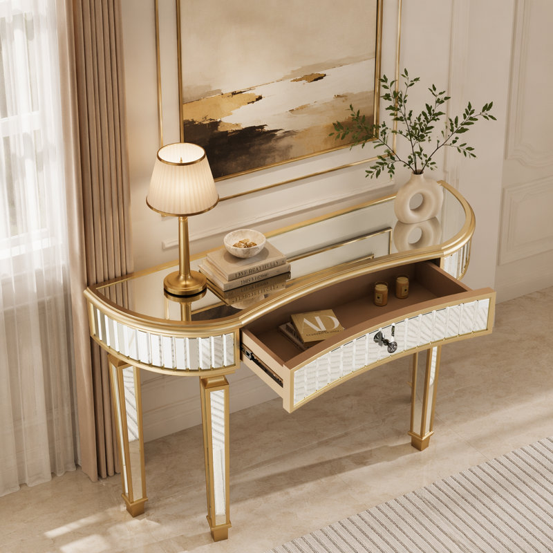 Console à miroir demi-lune 47 po avec tiroir en verre cannelé et poignée en cristal, Golden
