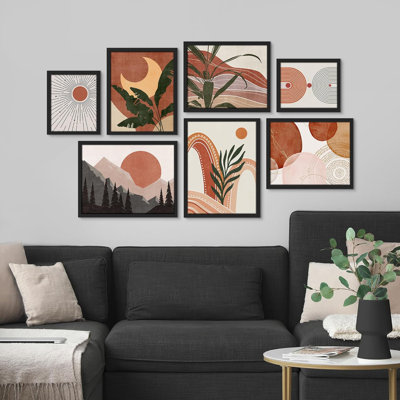 Mid-Century Modern Art Sun Moon Plants Abstract Formes Boho For Living Room, Room, Office, encadré sur papier, 7 pièces