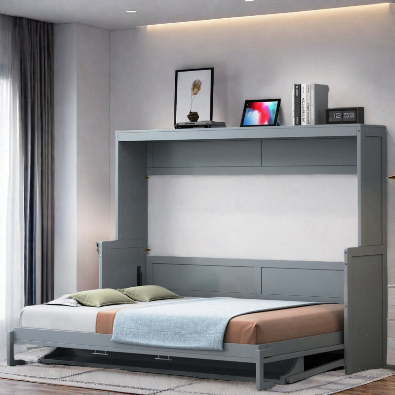 Trevyon Classic Murphy Bed With Hydraulic Lift & Desk Design, Gray, Full