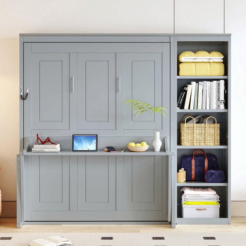 Lit escamotable avec bureau et bibliothèque Murphy, Gris, Lit double