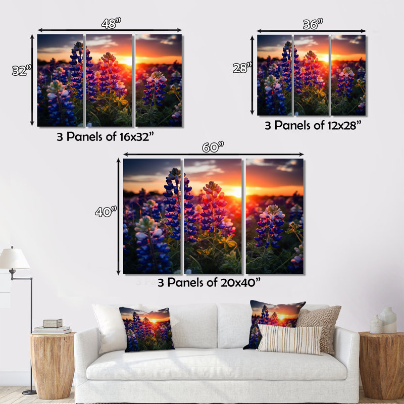 Sunrise Blue Bonnets Field I sur toile, reproduction de 3 pièces, H 28 po x l 36 po x P 1 po