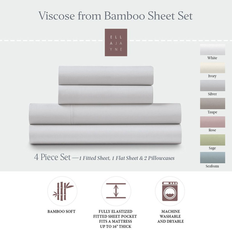 Ella Jayne Bamboo 4-Piece Sheet Set, Queen, Silver