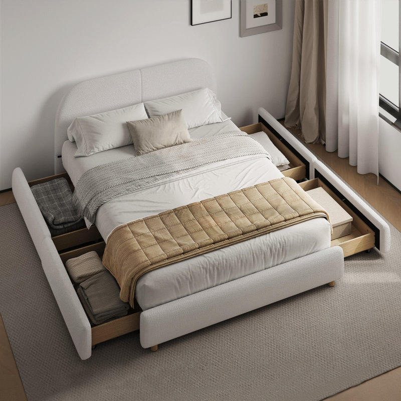 Structure de lit rembourrée Boucle avec tête de lit courbée et tiroirs de rangement sous le lit, Beige, Très grand