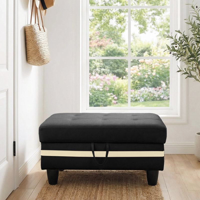 Rectangular Storage Ottoman Bench With Hinged Lid, Faux Leather Footrest For Living Room, Bedroom, Entryway, Black With White Strip, 35"X23.5"X17.5"