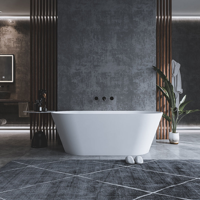 58.93 In. X 29.79 In. Solid Surface Freestanding Soaking Flatbottom Bathtub In Matte White