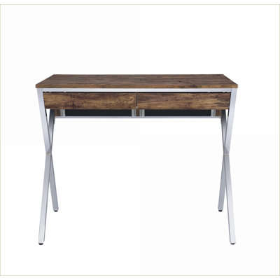 Desks, Modern Weathered Oak Writing Desk with 2 Drawers &amp; Chrome X-Legs | Chrome,Oak | Metal,Synthetic Wood