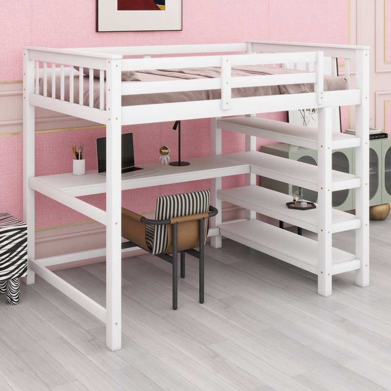 Lit mezzanine avec tablettes de rangement intégrées et bureau sous le lit, Blanc