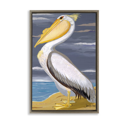White Pelican on Shore Grey Framed Floater Canvas by Jennifer Peck