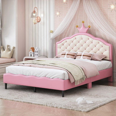 Lit princesse en cuir PU avec tête de lit touffetée Lovely Crown Fantasy, rose et crème