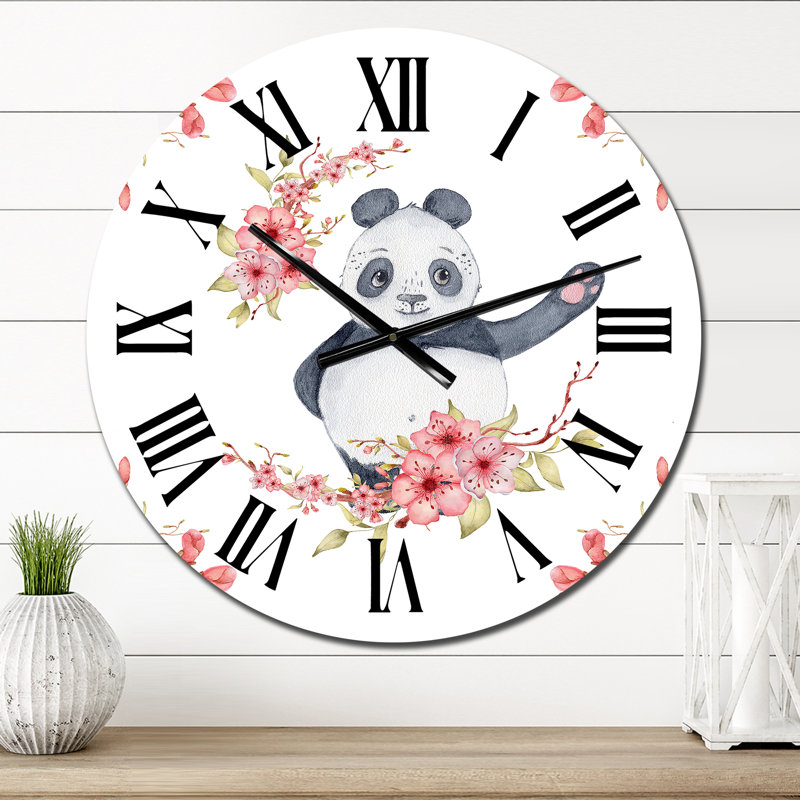 Panda avec des fleurs de sakura - Horloge murale pour enfants, Surdimensionné