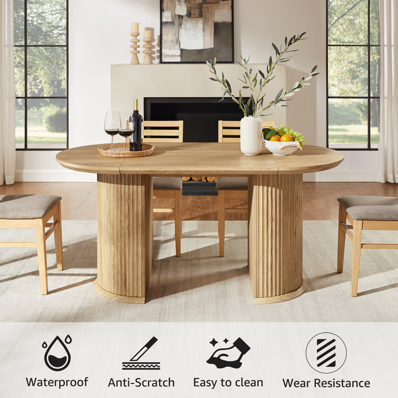 63" Fluted Oval Dining Table Double Pedestal Kitchen Table For 4-6 With Thickened Edge & Semi-Cylindrical Base, Natural Oak
