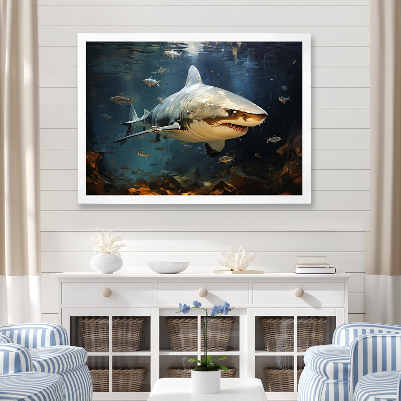 Underwater Shark Attack II - Sharkwall Art, 12" H x 20" W x 1" D, White Closed Corner Framed