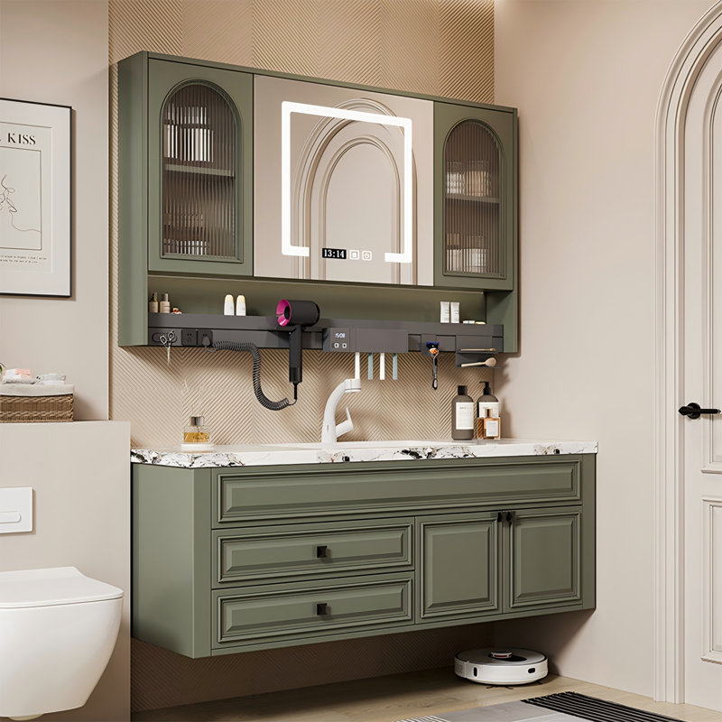 Meuble-lavabo mural 47,24 po en bois d'hévéa avec miroir, 48"