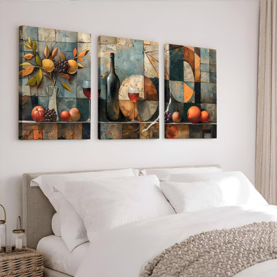 Nature morte avec bouteille de vin et fruits tendus sur toile, ensemble de 3 reproductions de peintures à l'huile