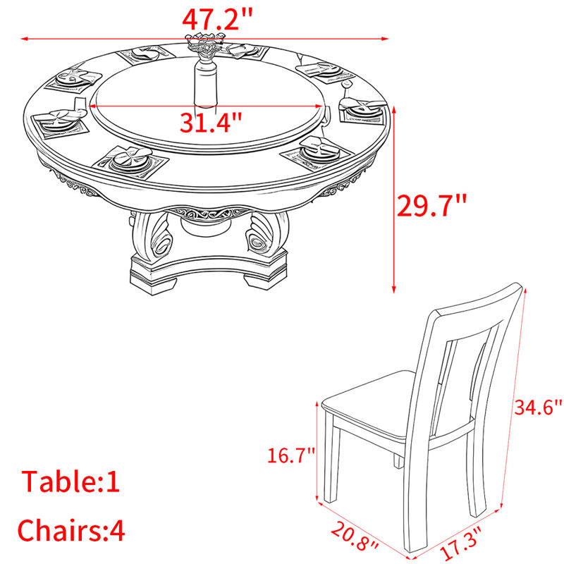 Modern solid wood carving table set, 29.7"H x 47.2"L x 47.2"W