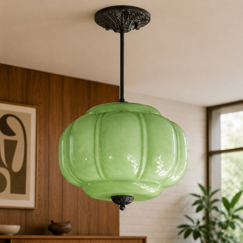 Luminaire suspendu vintage en verre vert avec ampoule 3 couleurs, douille E26, Vert