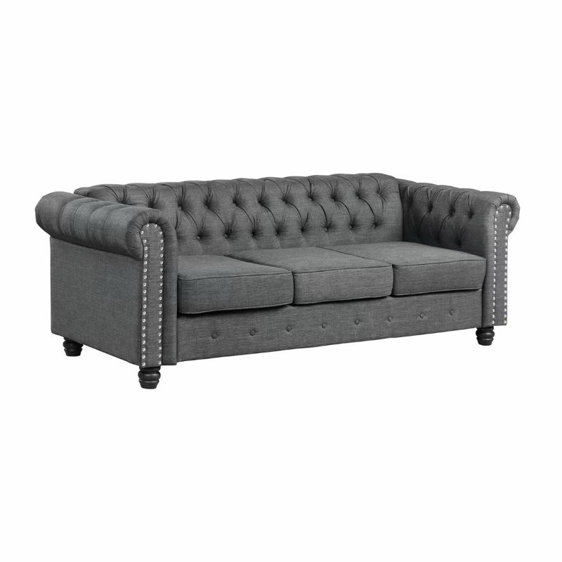 Canapé Chesterfield à accoudoirs roulés 80 po Abdulhameed, Mélange de lin gris