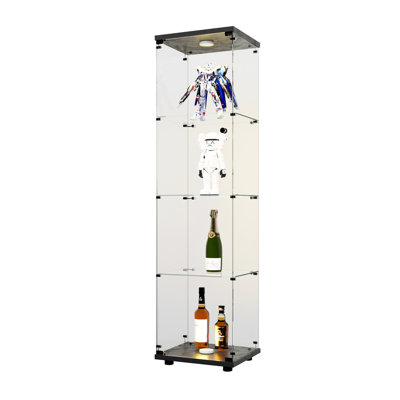 Black Glass Display Cabinet With 4 Shelves And Led Lights - Floor Standing For Office Bedroom Living Room 64.7"x16.7"x14.3 Shelves, Door