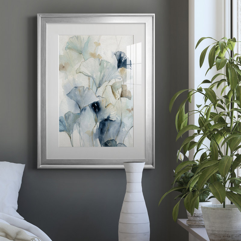 Indigo Ginkgo I - peinture sur toile encadrée, H 18,5 po x l 24,5 po x P 1,5 po, Argent