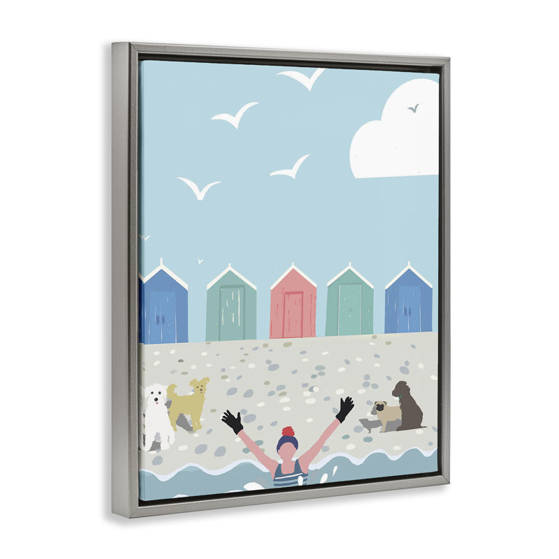 «Dog Friends on Beach» par Betty Boynes, Cadre flottant gris lustré, H 21 po x l 17 po