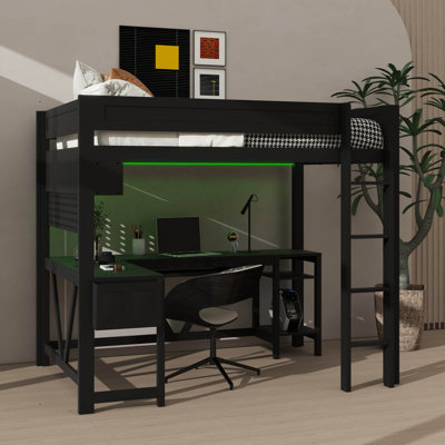 Lit mezzanine double en bois pour jouer, bureau intégré, charge USB et rangement