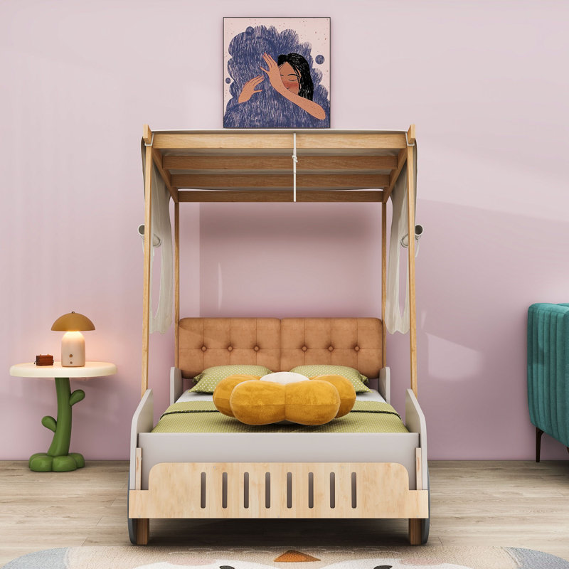 Wooden Car-Shaped Bed With LED Headlights And Backrest, Twin