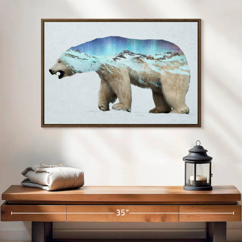 L'ours polaire arctique, 25 po x 17 po, Cadre flottant en noyer