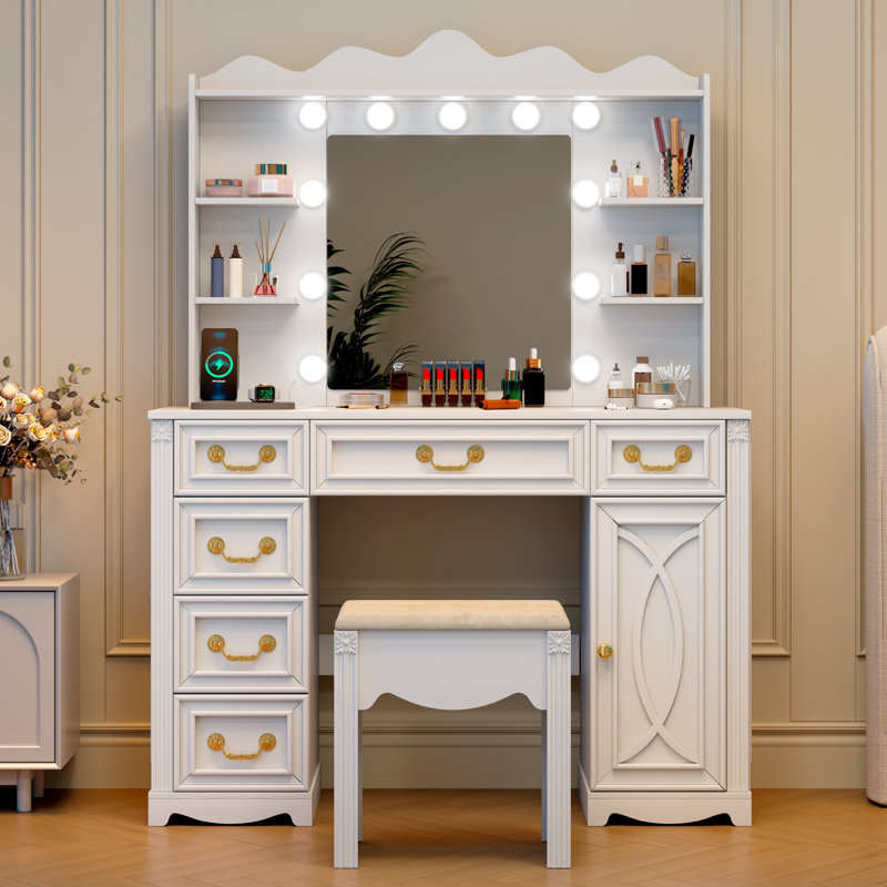 Dressing Table with 3-Color Lighting Mirror, Outlets, Stool, Storage Drawers and Cabinet, White/Grey