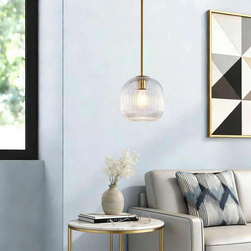 10" W Ribbed Glass and Metal Single Pendant Light, Rose Gold