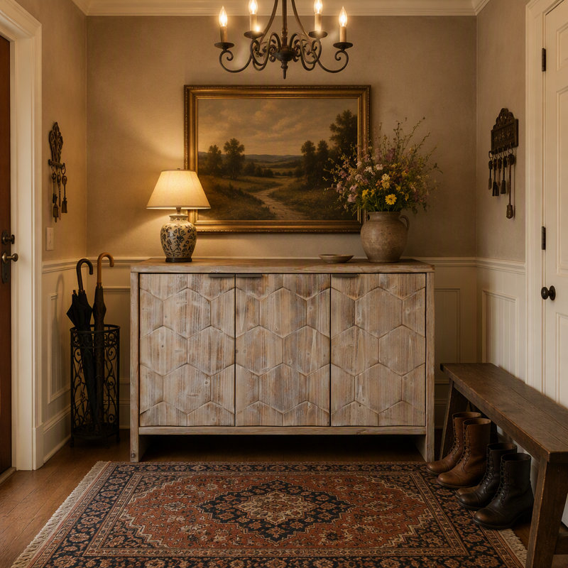 Buffet buffet à 3 portes avec beaucoup de rangement et design artistique, idéal pour l'organisation de la maison et la décoration intérieure