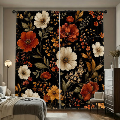 2 Panels Retro Bohemian Vintage Floral Style Decor Light Filtering Curtains with Black Background Flower Pattern, Spring Refresh Decor, Easy Hang Rod Pocket Design, All-Season Curtains for Home Living Room Bedroom Dormitory Decoration